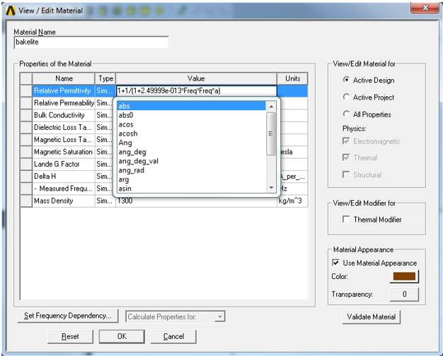 View/Edit Materials window.