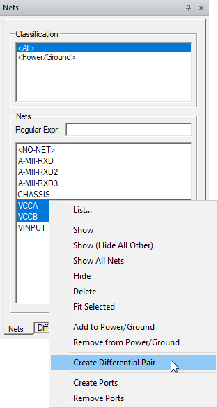 Create Differential Pairs highlighted in menu