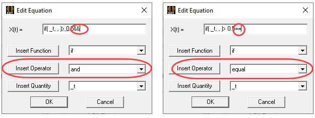 Edit Equation dialog. Insert Operator option set to and. Edit Equation dialog. Insert Operator option set to equal.