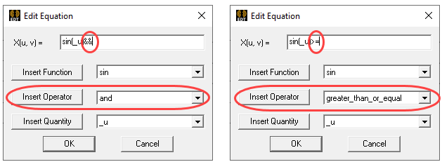 Edit equation diaog. Insert Operator set to and. Edit Equation dialog. Insert Operator set to greater_than_or_equal.