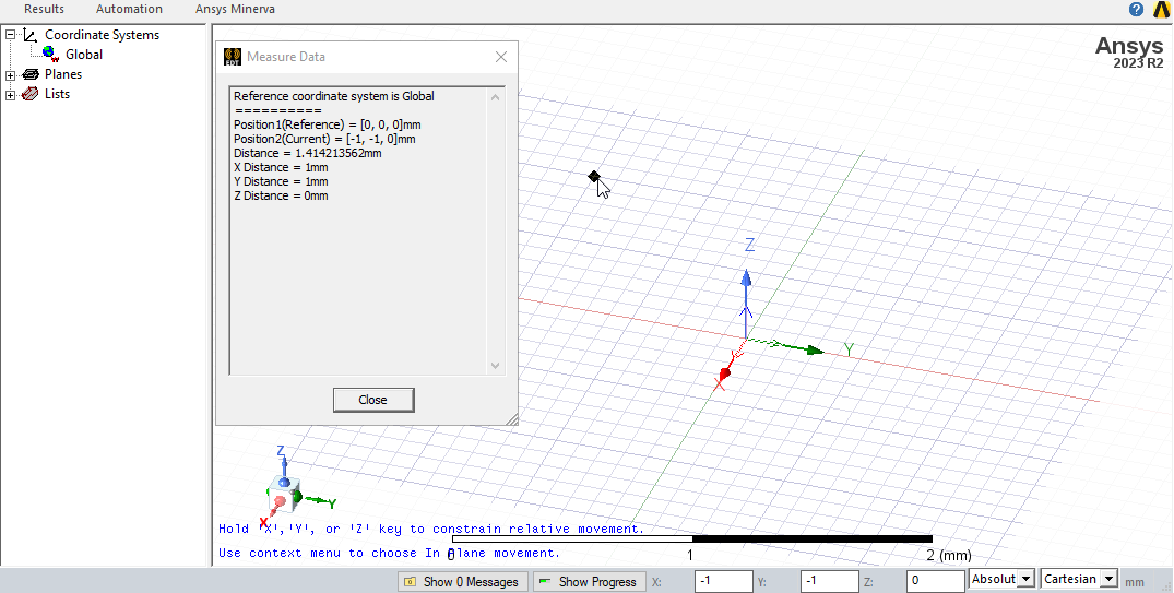 Modeler window, mouse pointer on a point. Measure Data dialog.