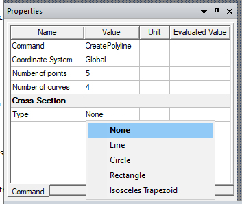 Properties dialog. Type option drop-down menu. None highlighted.