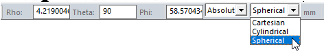 Status bar. Coordinate drop-down menu. Spherical option highlighted.