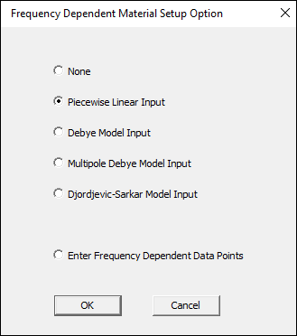 Frequency Dependent Material Setup Option Window for Q3D