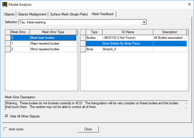 Model Anaysis dialog. Mesh Feedback tab.