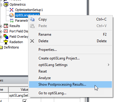 OptiSLang shortcut menu, Show PortProcessing Results option highlighted.