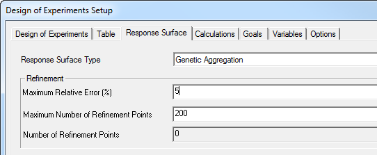 Design of Experiment Setup dialog. Response Surface tab.