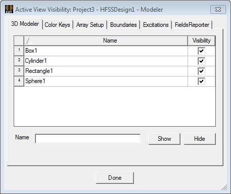 Active View Visibility Window, 3D Modeler tab.