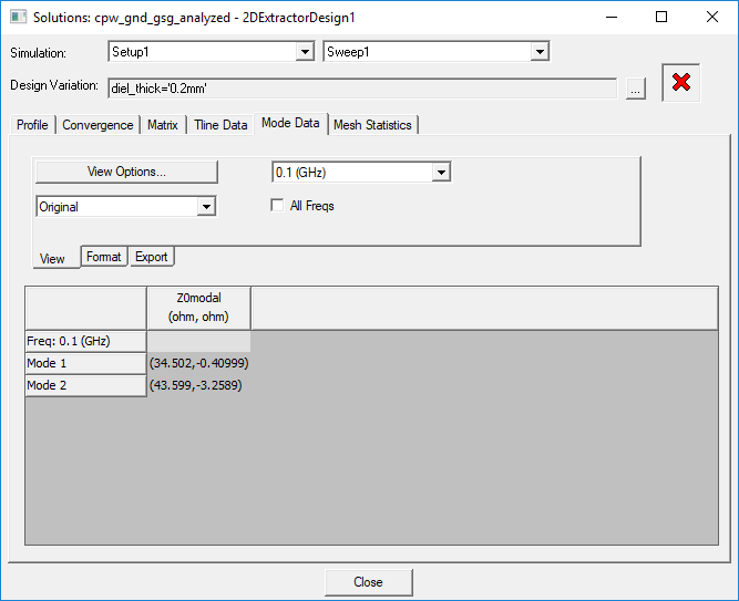 Solutions Window: Mode Data