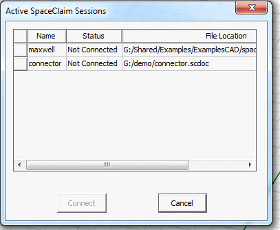 Active SpaceCLaim Sessions dialog.