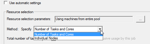Resources Selection group box, Method: Specify drop down menu open. 