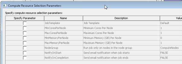 Compute Resources Selection Parameters window. 