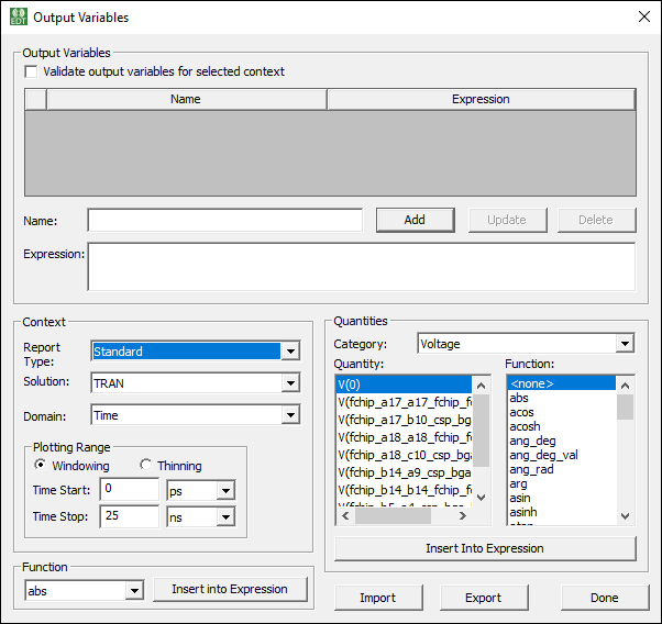 Output Variables Window