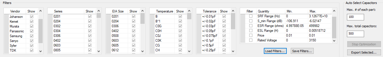 Capacitor Library Browser Tab Filters and Ranges