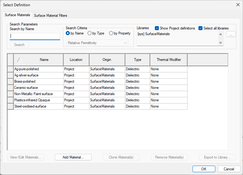 Select Definition Window - Surface Materials