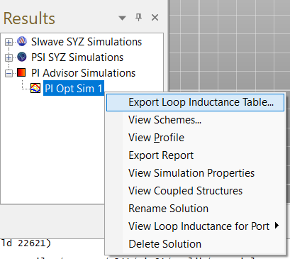 Results > PI Advisor Simulations > PI Opt Sim 1 > Export Loop Inductance Table Results > PI Advisor Simulations > PI Opt Sim 1 > Export Loop Inductance Table