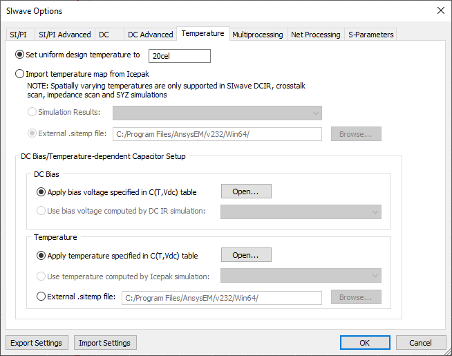 SIwave Options - Temperature