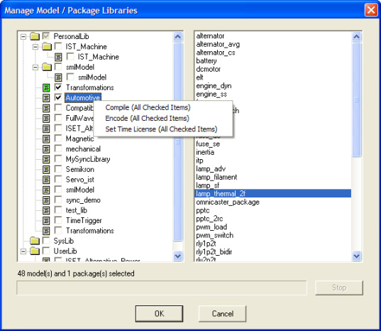 Manage Model /  Package Libraries dialog box.