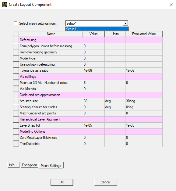 Create Layout Component Window > Mesh Settings Tab