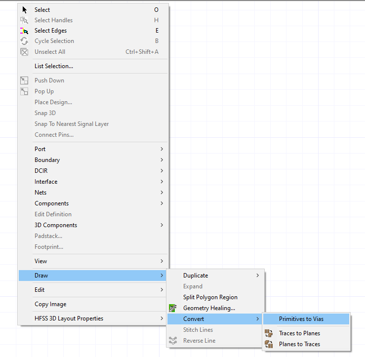 Draw > Convert > Primitives to Vias Draw > Convert > Primitives to Vias