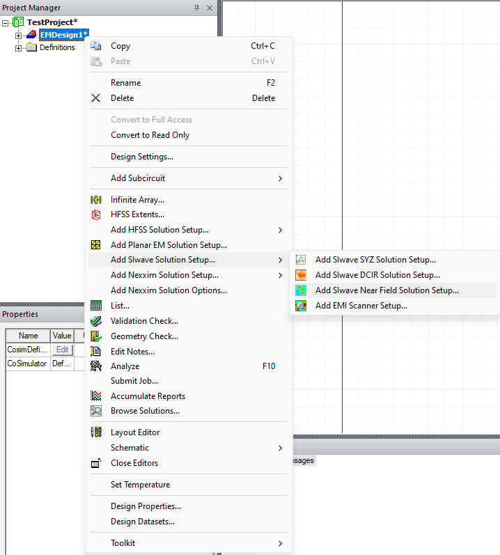 Project Manager > Project Tree > Active Design Folder > Add SIwave Solution Setup > Add Near Field Solution Setup