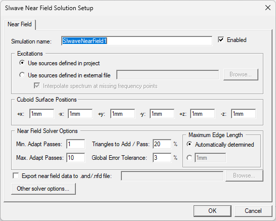 SIwave Near Field Solution Setup Window