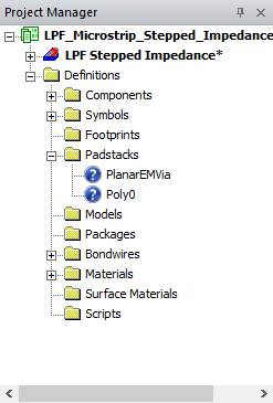 Project Manager > Project Tree > Definitions > Padstacks Project Manager > Project Tree > Definitions > Padstacks