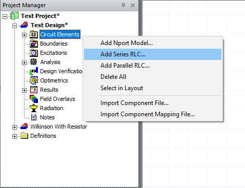 Project Manager Window > Project Tree > Active Design Folder > Circuit Elements > Add Series RLC