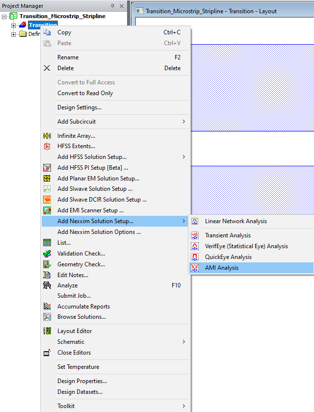 Project Manager > Active Design Folder > Add Nexxim Solution Setup ... > AMI Analysis