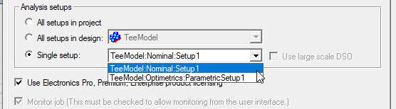 Analysis Setups groupbox. Single Setup drop-down menu.