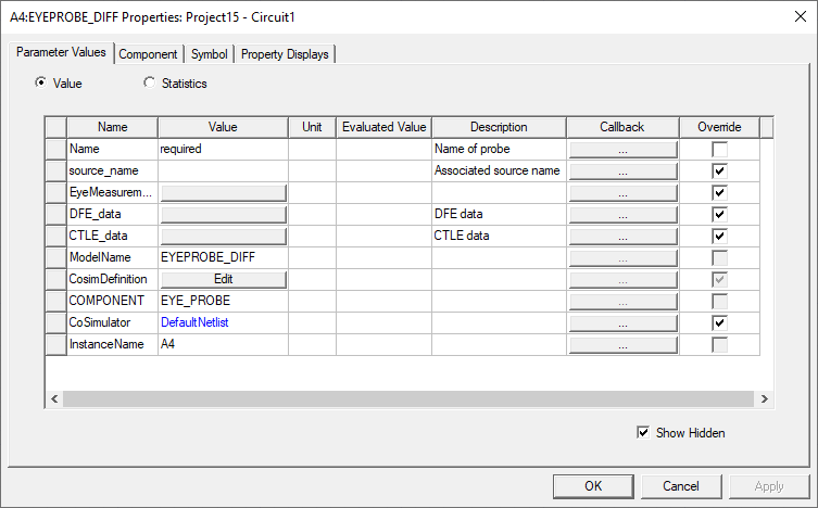 Probe Parameter Values Tab