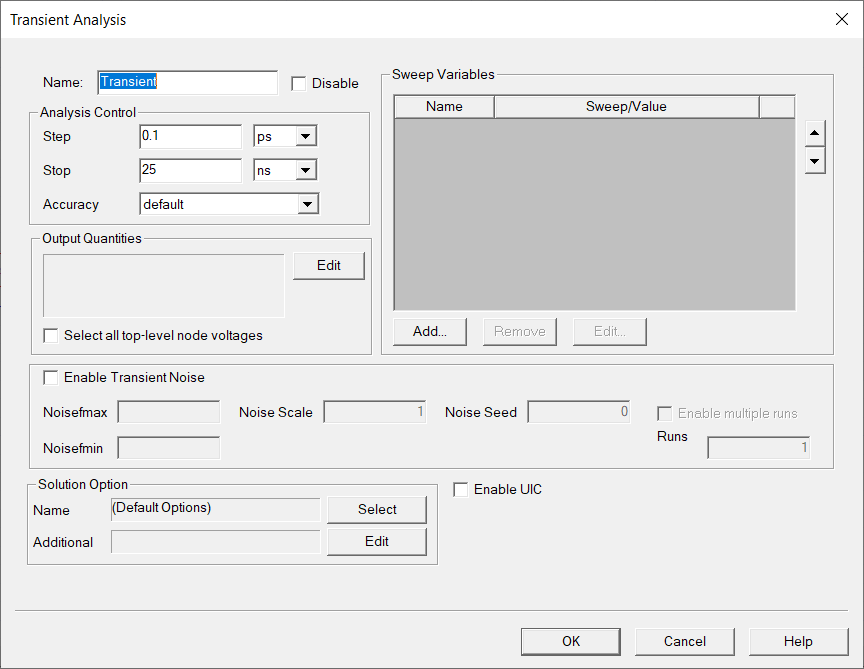 Transient Analysis setup dialog.