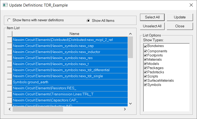 Update Definitions Dialog, all items highlighted. 