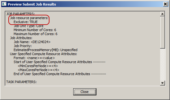 Preview Submit Job Results dialog.