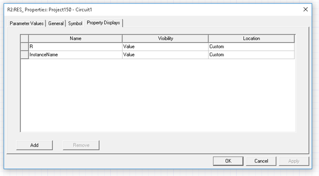 Window titled R2:RES_Properties: Project150- Circuit 1. Parameter Values tab open. Name, Visibility, Location of parameters listed in tabular format.