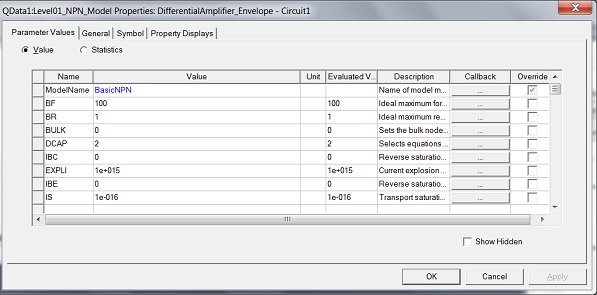 Window titled QData:Level01_NPN_Model Properties: Differential AMplifier_Envelope- Cricuit. Parameter Values tab opened. Value selected. List of value names, values, unites, and description listed in tabular format. 
