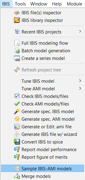 IBIS Menu, Sample IBIS-AMI Models option highlighted.