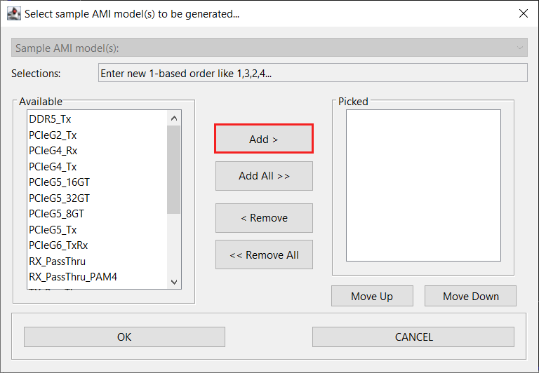 Select sample AMI Models to be generated window, Add button highlighted.