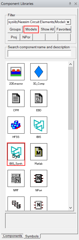 Component Libraries window, IBIS Synth option highlighted.