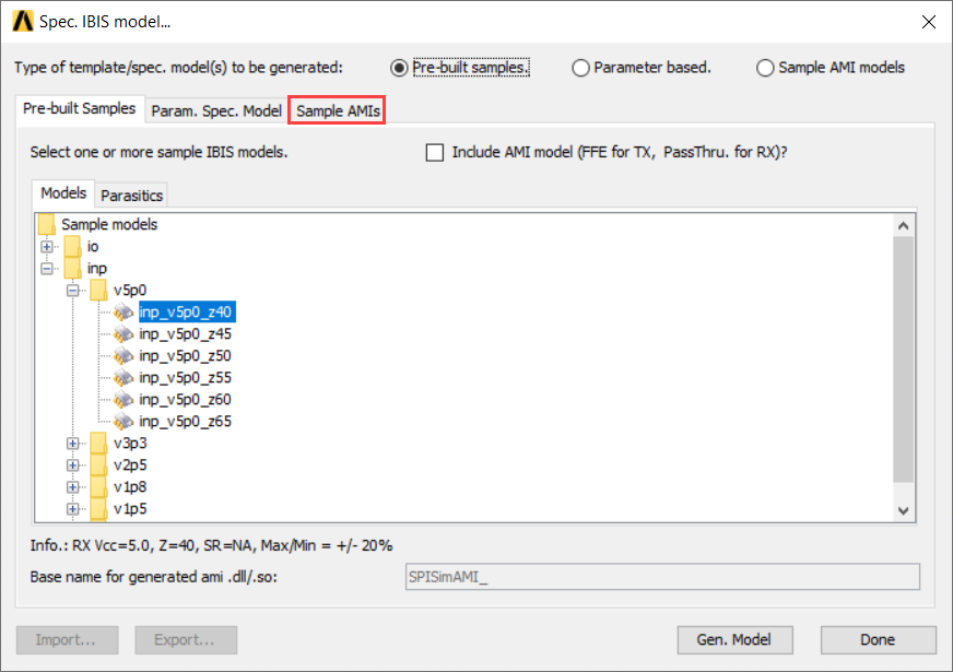 Spec. IBIS model winodw, Sample AMIs tab highlgihted.