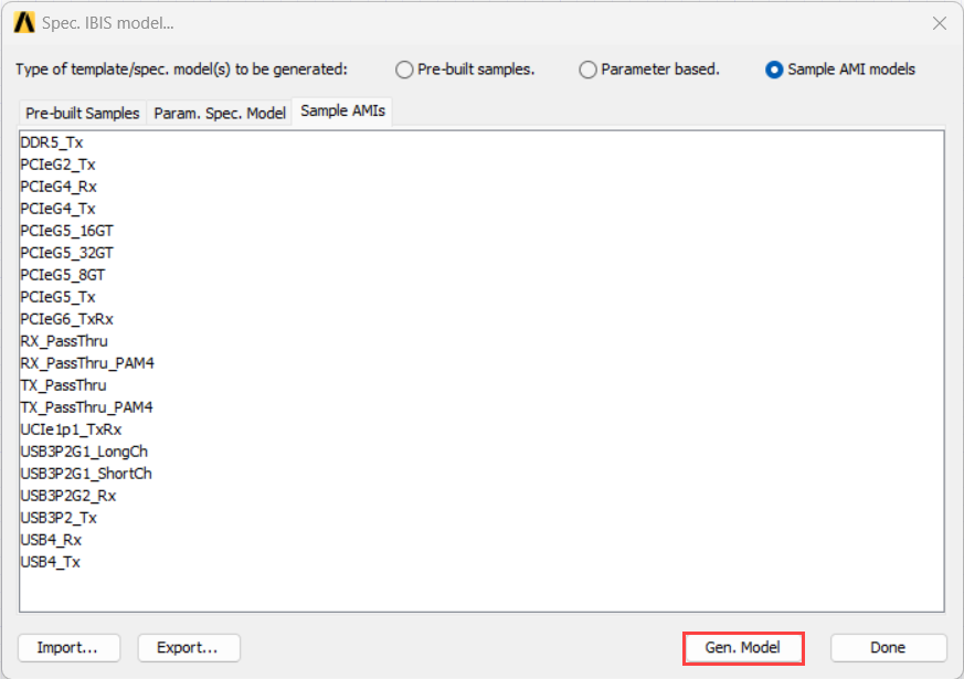 Spec. IBIS model winodw, Sample AMIs tab, Gen model button highlighted.