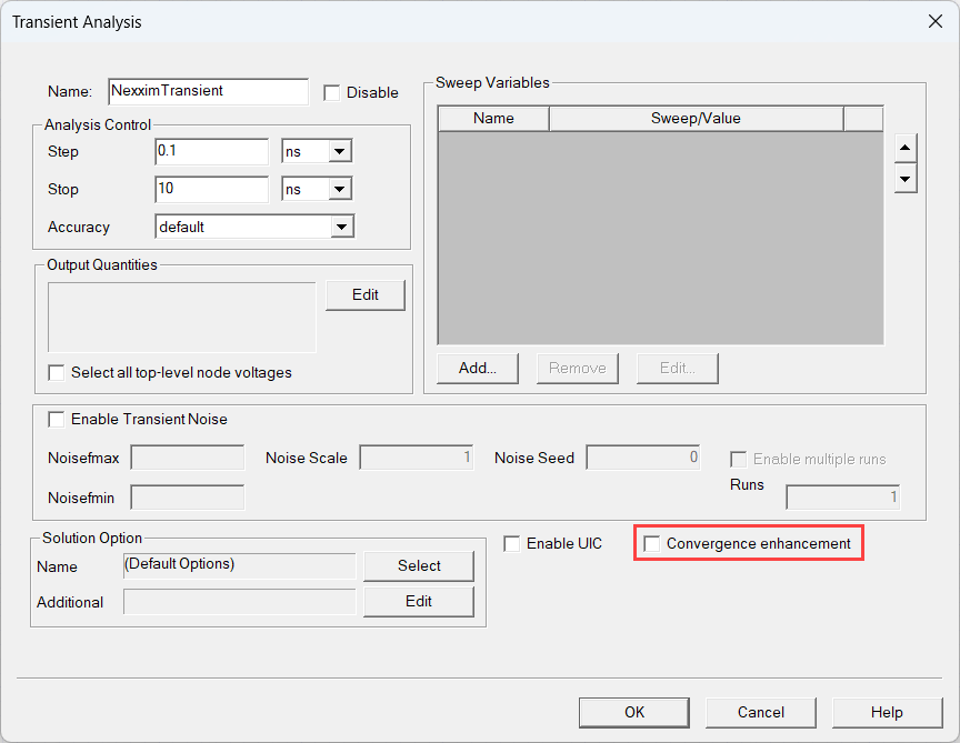 Transient Analysis window, Convergence Enhancement checkbox highlighted.