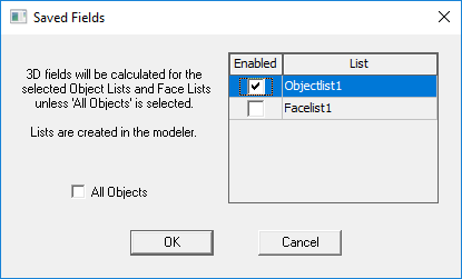 Saved Fields dialog. Objectlist1 option enabled.