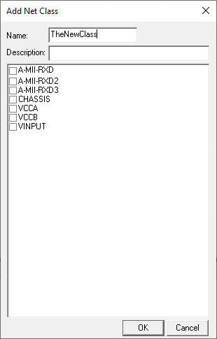 Add Net Class Window with Name box, Description box. 