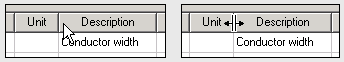 Grid with columns named Unit and Description. Mouse hovering over the column width line.