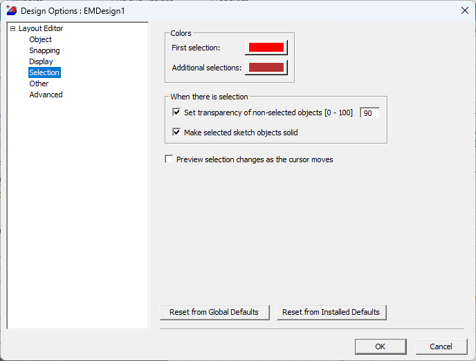 Design Options > Selection