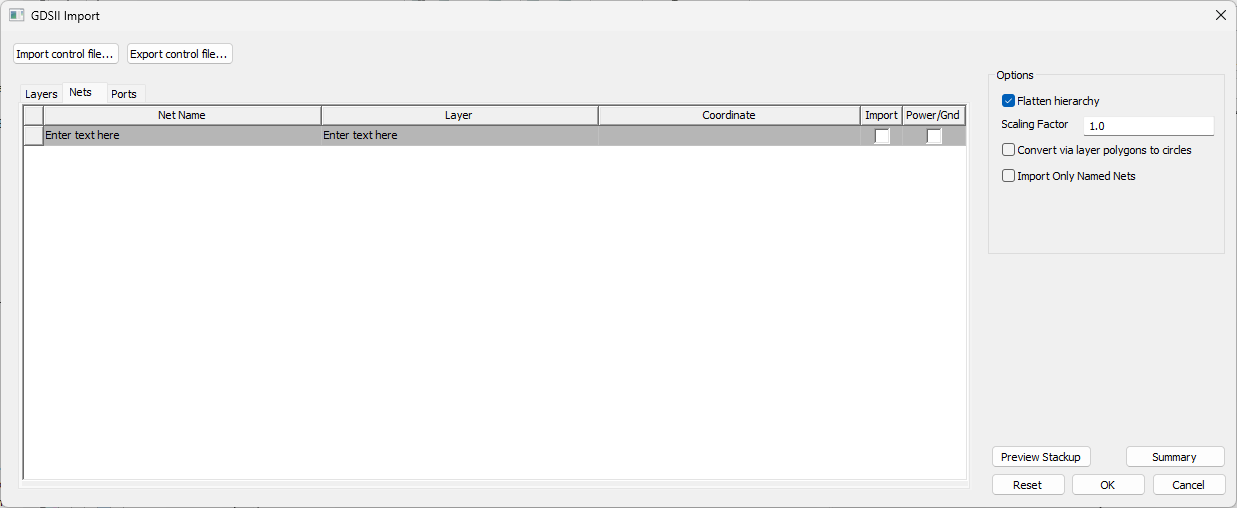 GDSII Import Window > Nets Tab