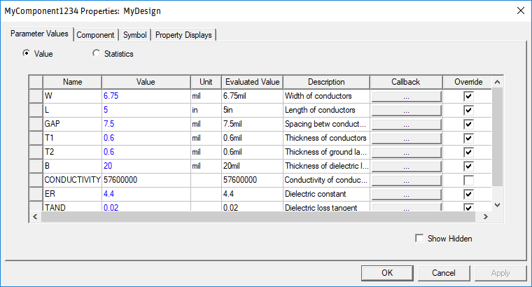 Component Properties Window
