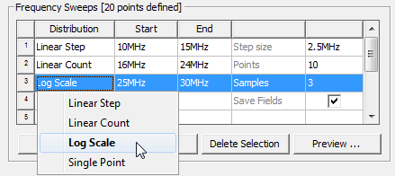 Frequency Sweeps groupbox, Distribution options listed, Log Scale selected.