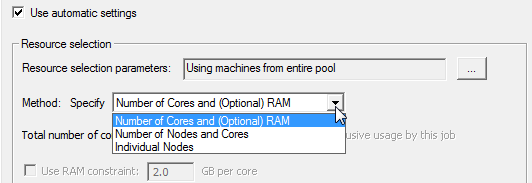 Resources Selection group box, Method: Specify drop down menu open. 